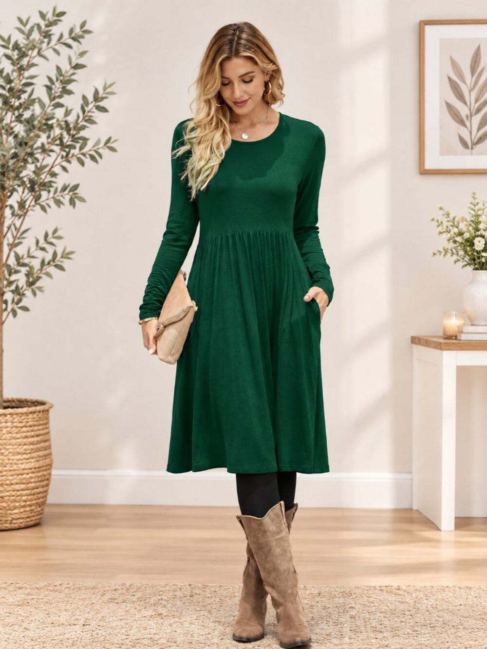 DB MOON Women’s Long Sleeve Empire Waist Knee Length Dress with Pockets